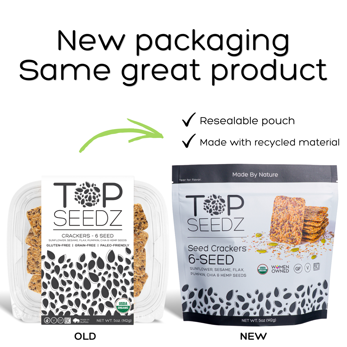 Top Seedz new packaging: old plastic tub vs. new resealable seed cracker pouch made with recycled material
