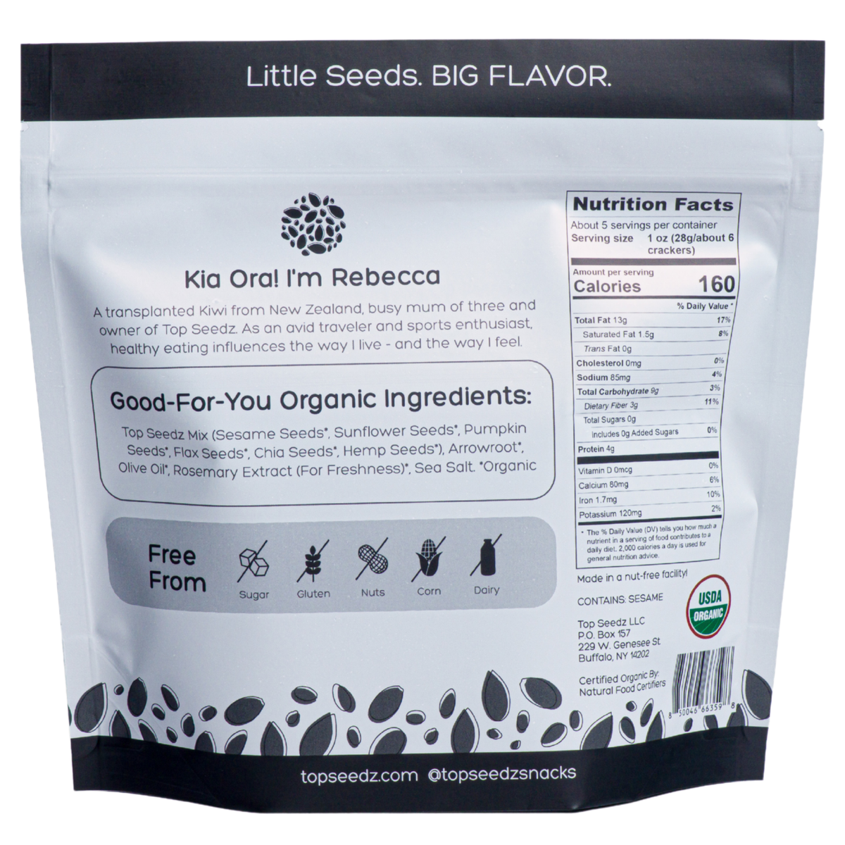 Back of Top Seedz 6-Seed Crackers pouch with nutrition facts, organic ingredients and USDA Organic seal