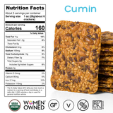 Top Seedz Cumin Seed Crackers nutrition facts panel, 160 calories per 1 oz serving, USDA Organic, gluten-free, vegan
