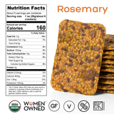Top Seedz Rosemary Seed Crackers nutrition facts panel, 160 calories per 1 oz serving, USDA Organic, gluten-free, vegan