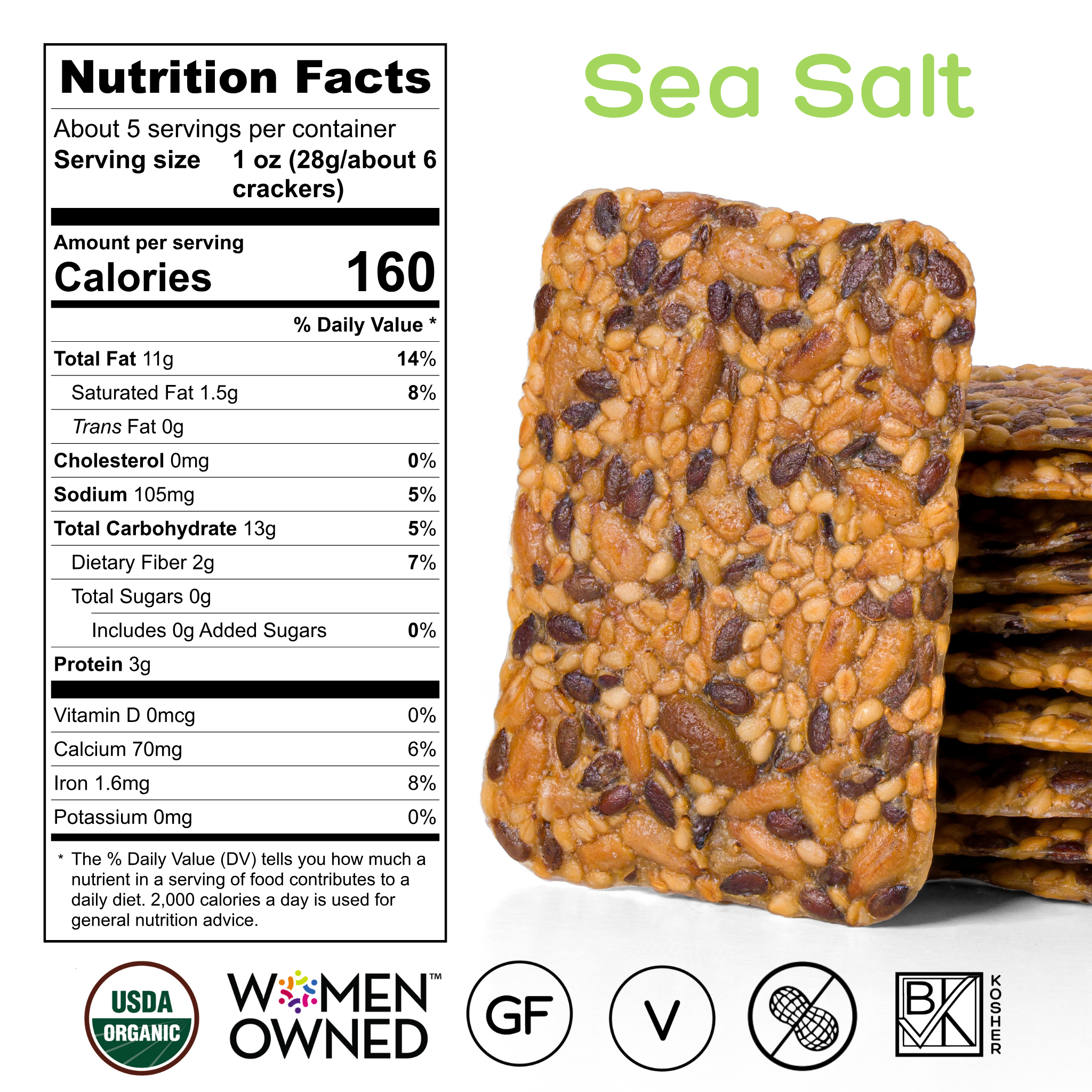 Top Seedz Sea Salt Seed Crackers nutrition facts: 160 calories and 3 g protein per 1 oz serving, USDA Organic, gluten-free, vegan