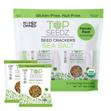 Top Seedz Sea Salt Seed Crackers Family Pack with 12 snack pouches, labeled gluten-free, nut-free and USDA Organic